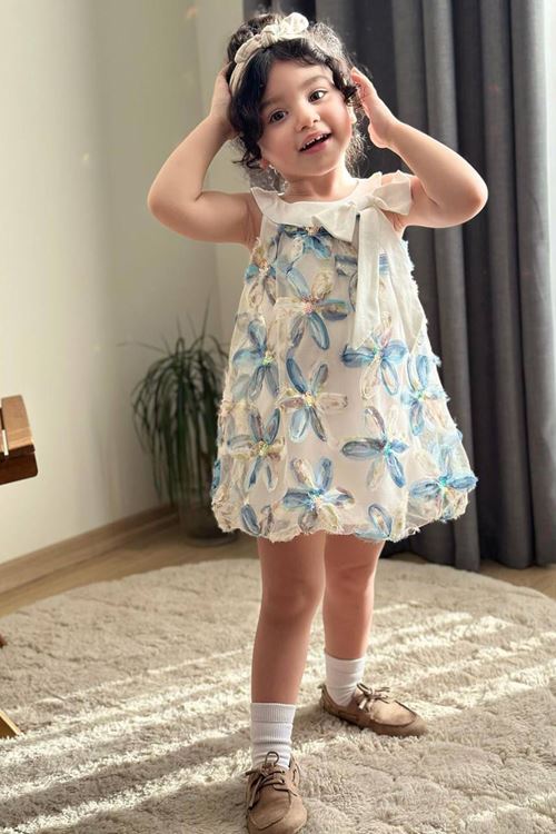 Miniğimin Cicileri Zambak Tül Detaylı Kız Çocuk Balon Elbise - Mavi