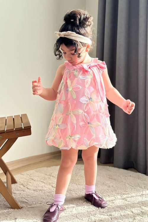 Miniğimin Cicileri Zambak Tül Detaylı Kız Çocuk Balon Elbise - Pembe
