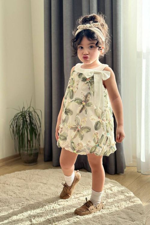 Miniğimin Cicileri Zambak Tül Detaylı Kız Çocuk Balon Elbise - Yeşil