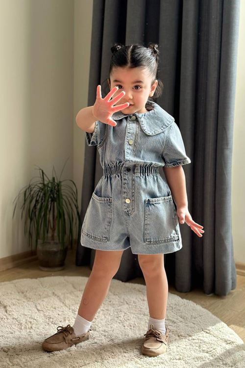 Miniğimin Cicileri Yaka Taş İşlemeli Düğmeli Kız Çocuk Kot Tulum - Açık Mavi