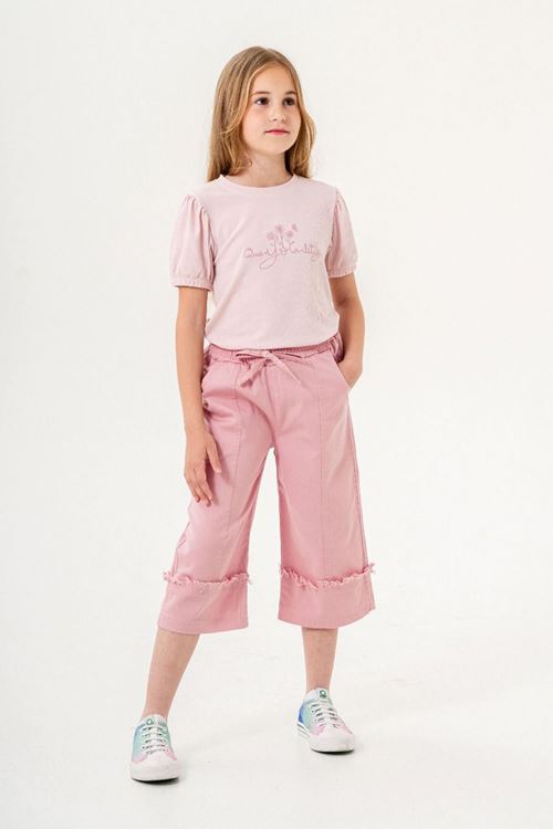 Miniğimin Cicileri Çiçek İşleme Double Paça Kız Çocuk 2 li Takım - Gül Kurusu