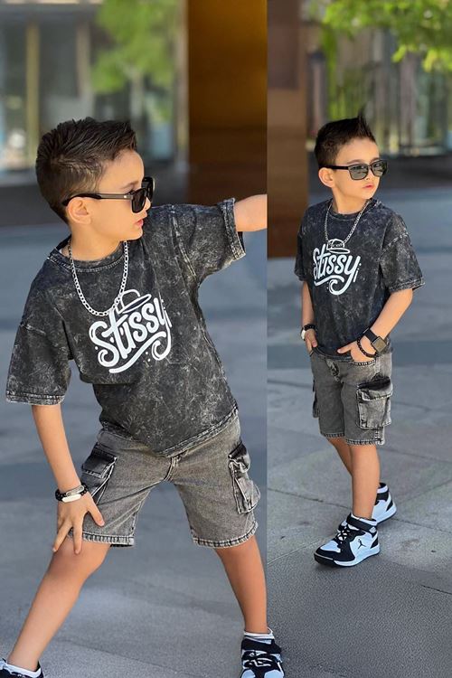 Miniğimin Cicileri Stissy Baskılı Süprem Kot Şortlu Erkek Çocuk Takım - Antrasit