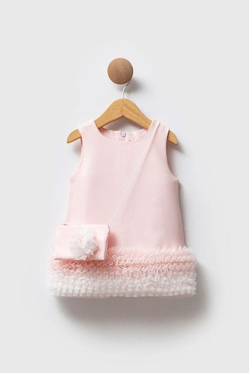 Miniğimin Cicileri Fırfır Detaylı Çantalı Kız Çocuk Elbise - Pudra