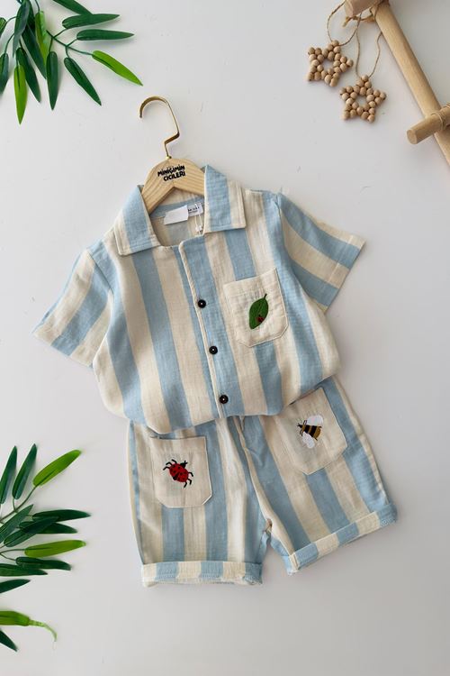 Miniğimin Cicileri Uğur Böceği İşleme Detaylı Çizgili Unisex Çocuk Pamuklu Takım - Mavi