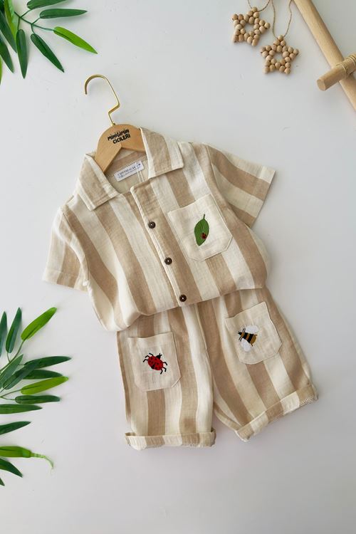 Miniğimin Cicileri Uğur Böceği İşleme Detaylı Çizgili Unisex Çocuk Pamuklu Takım - Gri