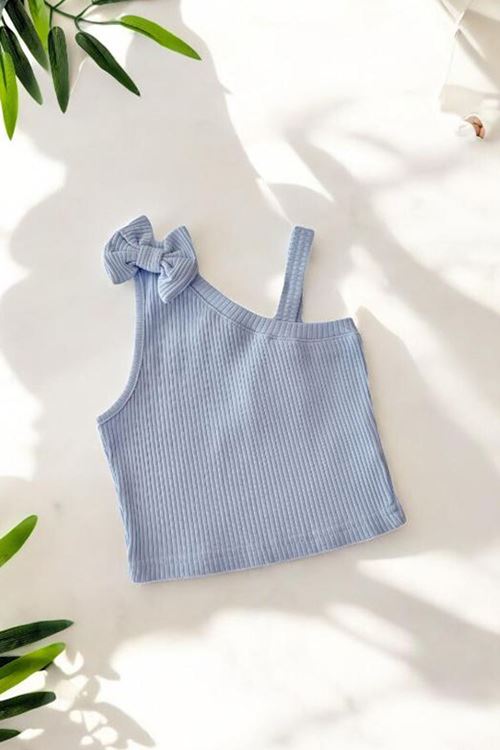 Miniğimin Cicileri Tek Omuz Detaylı Fiyonklu Kız Çocuk Crop - Mavi