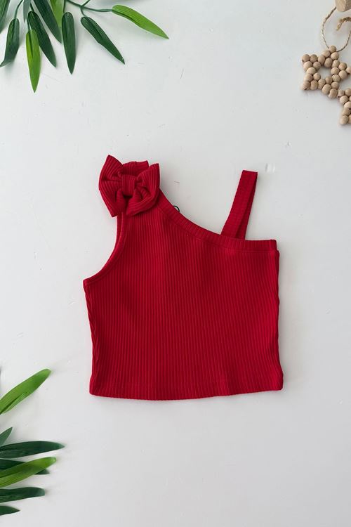 Miniğimin Cicileri Tek Omuz Detaylı Fiyonklu Kız Çocuk Crop - Kırmızı