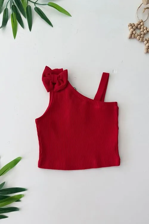 Miniğimin Cicileri Tek Omuz Detaylı Fiyonklu Kız Çocuk Crop - Kırmızı