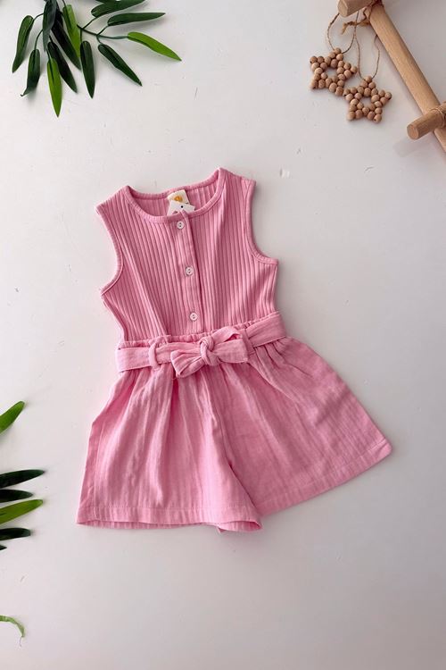 Miniğimin Cicileri Düğme Detaylı Pamuklu Müslin Şort Detaylı Kız Bebe Tulum - Pembe