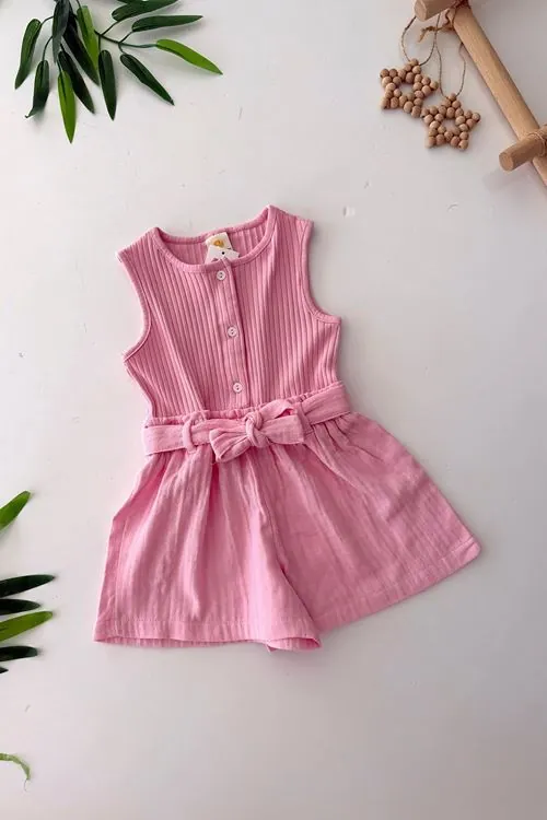 Miniğimin Cicileri Düğme Detaylı Pamuklu Müslin Şort Detaylı Kız Bebe Tulum - Pembe
