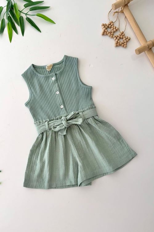 Miniğimin Cicileri Düğme Detaylı Pamuklu Müslin Şort Detaylı Kız Bebe Tulum - Yeşil