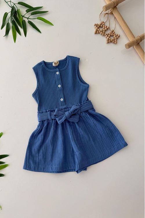 Miniğimin Cicileri Düğme Detaylı Pamuklu Müslin Şort Detaylı Kız Bebe Tulum - Mavi