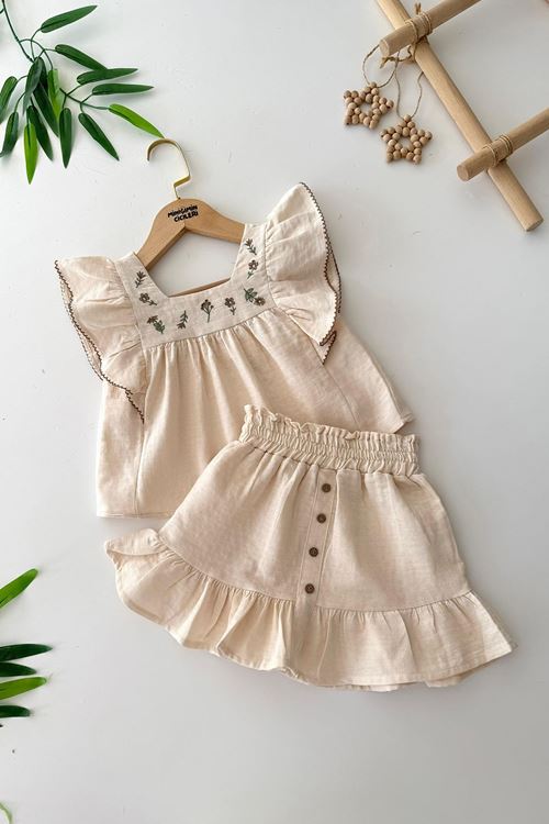 Miniğimin Cicileri Müslin Çiçek İşleme Detaylı Fırfırlı Kız Çocuk 2 li Takım - Krem