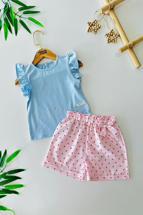 Miniğimin Cicileri Kalp Baskılı Fırfır Detaylı Kız Bebek 2 li Takım - Mavi