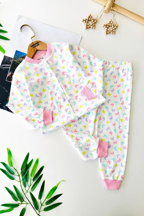 Miniğimin Cicileri Kelebek Baskılı Pamuklu Pijama Kız Çocuk Takımı - Pembe