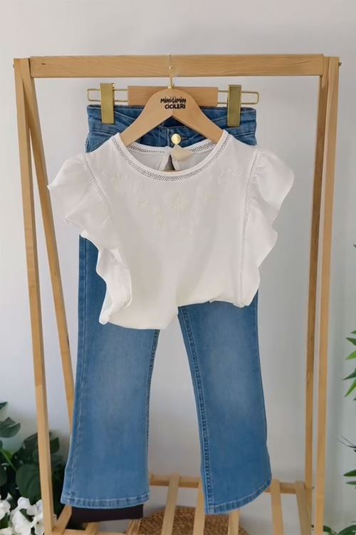 Miniğimin Cicileri Kolları Volanlı İspanyol Kot Pantolonlu 2 li Takım - Mavi