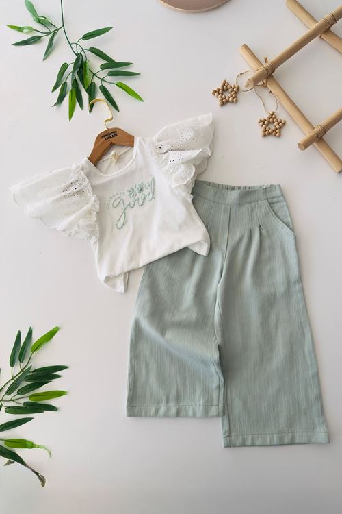 Miniğimin Cicileri Fisto Kol Detaylı Good Baskılı Kız Çocuk Bluz & Bol Paça Pantolon Takım - Su Yeşili