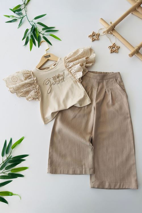 Miniğimin Cicileri Fisto Kol Detaylı Good Baskılı Kız Çocuk Bluz & Bol Paça Pantolon Takım - Vizon