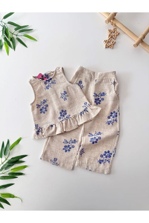 Miniğimin Cicileri Etnik Çiçek Desenli Kız Çocuk Keten İkili Takım - Mavi
