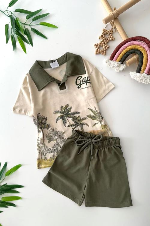 Miniğimin Cicileri Safari Yakalı Erkek Çocuk GAP Baskılı Takım - Haki