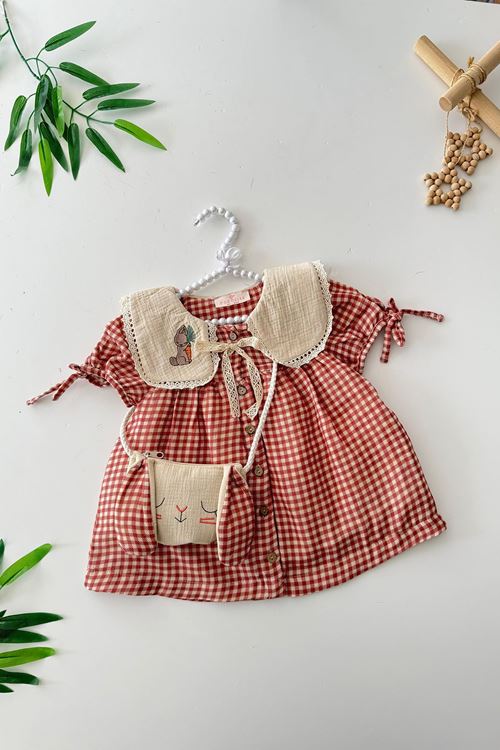 Miniğimin Cicileri Tavşan İşleme Detaylı Pötikare Kız Çocuk Çantalı Elbise - Kiremit