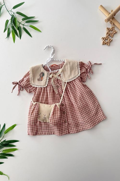 Miniğimin Cicileri Tavşan İşleme Detaylı Pötikare Kız Çocuk Çantalı Elbise - Pembe