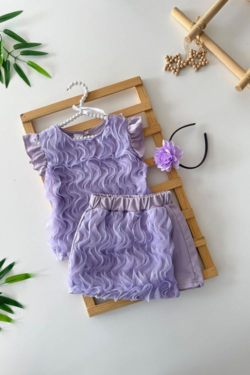 Miniğimin Cicileri Tül S Detaylı Kız Çocuk Taçlı Şort Etekli Kız Çocuk 3 lü Takım - Lila