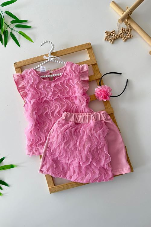Miniğimin Cicileri Tül S Detaylı Kız Çocuk Taçlı Şort Etekli Kız Çocuk 3 lü Takım - Pembe