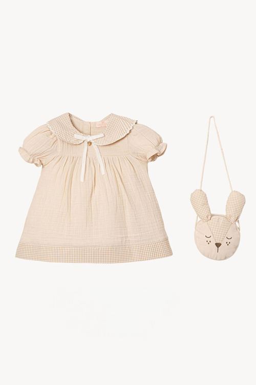 Miniğimin Cicileri Müslin Bebe Yaka Tavşan Çantalı Kız Çocuk Elbise - Bej