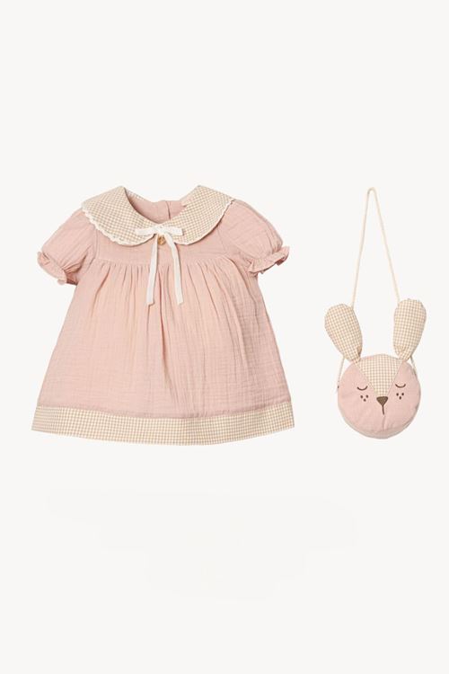 Miniğimin Cicileri Müslin Bebe Yaka Tavşan Çantalı Kız Çocuk Elbise - Pudra