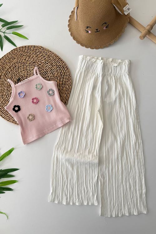 Miniğimin Cicileri Papatya Örgü Detaylı Bol Pantolonlu Kız Çocuk 2 li Takım - Krem