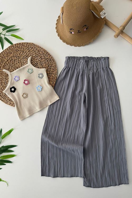 Miniğimin Cicileri Papatya Örgü Detaylı Bol Pantolonlu Kız Çocuk 2 li Takım - Gri