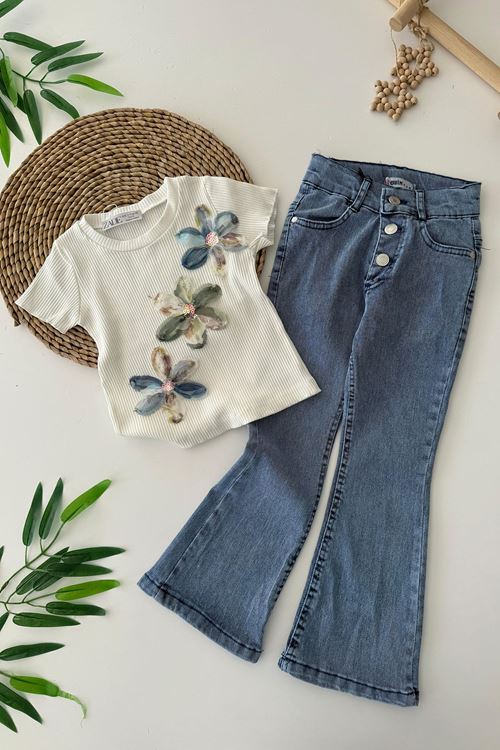 Miniğimin Cicileri Zambak Desenli Rahat İspanyol Kot Pantolonlu Kız Çocuk 2 li Takım - Mavi