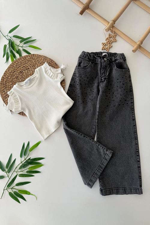 Miniğimin Cicileri (9-13yaş ) Taş Detaylı Kolları Fiyonklu Kız Çocuk 2 li Takım - Siyah