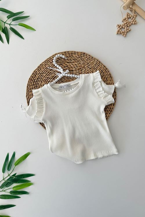 Miniğimin Cicileri Kolları Fiyonk Detaylı Kız Çocuk Badi - Beyaz