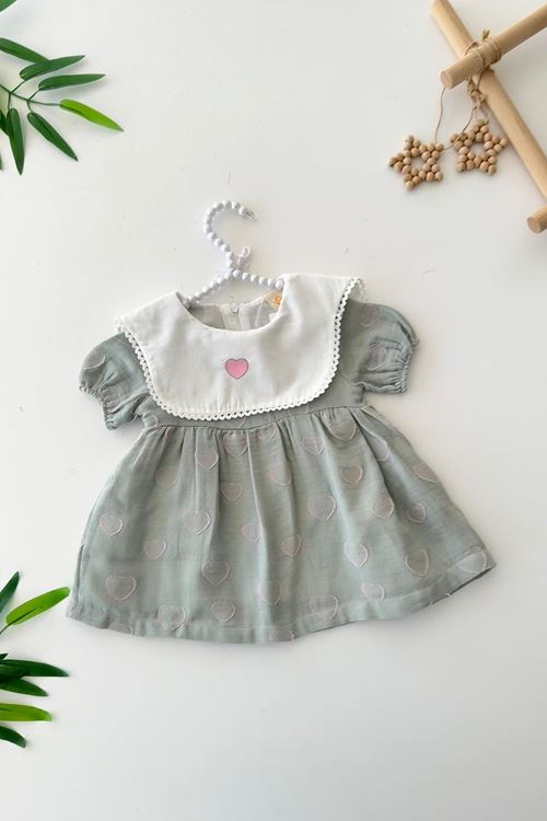 Miniğimin Cicileri Kalp Detaylı Yakalı Kız Bebe Astarlı Elbise - Yeşil