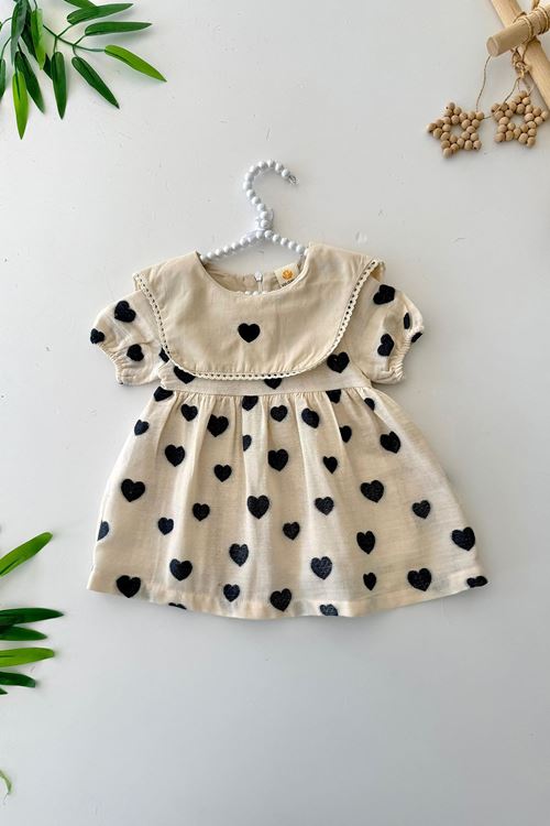 Miniğimin Cicileri Kalp Detaylı Yakalı Kız Bebe Astarlı Elbise - Krem
