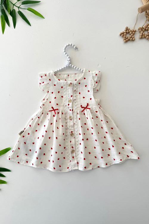 Miniğimin Cicileri Müslin Kalp Baskılı Fiyonklu  Kız Bebe Elbise - Beyaz