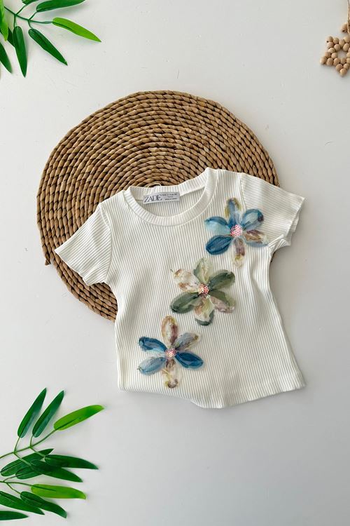 Miniğimin Cicileri Zambak Detaylı Kız Çocuk Crop - Krem