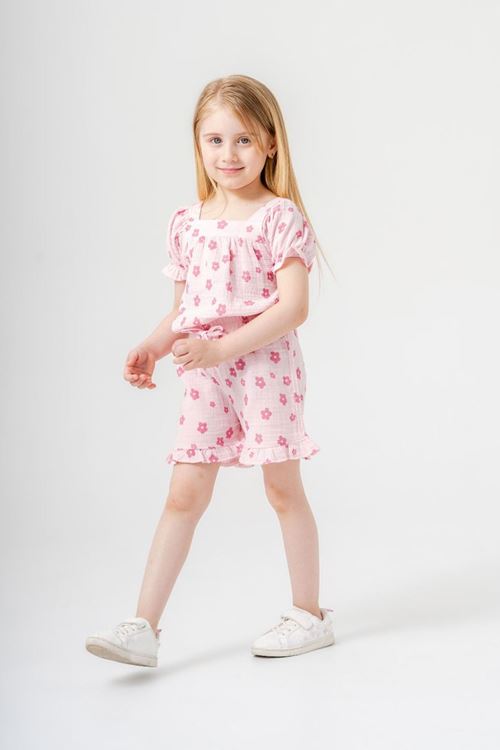 Miniğimin Cicileri Çiçek Baskı Müslin Kız Çocuk Şortlu Takım - Pembe