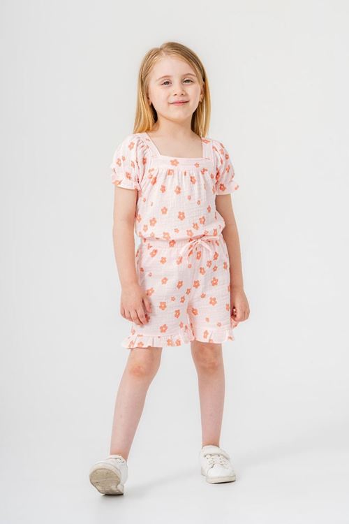 Miniğimin Cicileri Çiçek Baskı Müslin Kız Çocuk Şortlu Takım - Somon