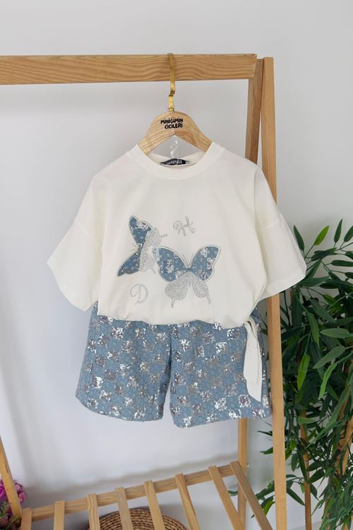 Miniğimin Cicileri Pul Payet Kelebek Detaylı Şortlu Kız Çocuk 2 li Takım - Açık Mavi
