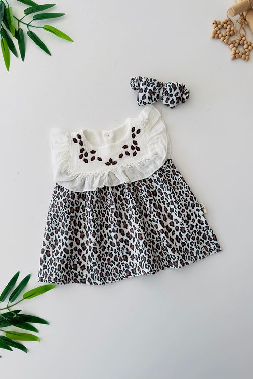 Miniğimin Cicileri Leopar Detaylı Müslin Pamuk Kız Bebe Elbise - Kahverengi