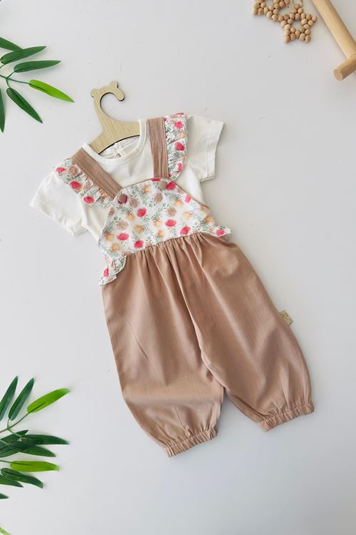 Miniğimin Cicileri Gül Desenli Fırfır Askılı Kız Bebek Şort Tulum 2 li Takım - Kahve
