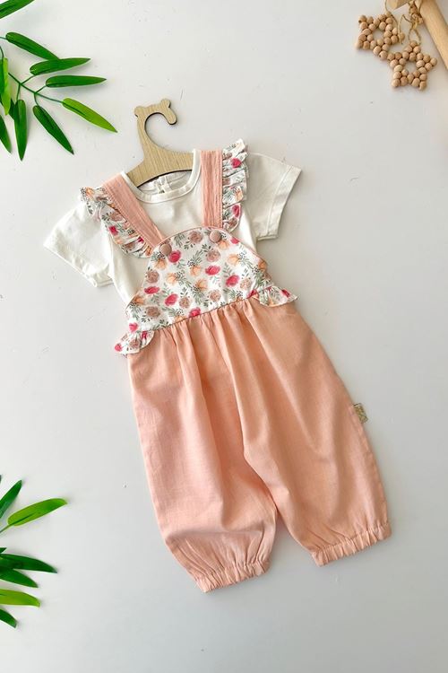 Miniğimin Cicileri Gül Desenli Fırfır Askılı Kız Bebek Şort Tulum 2 li Takım - Somon