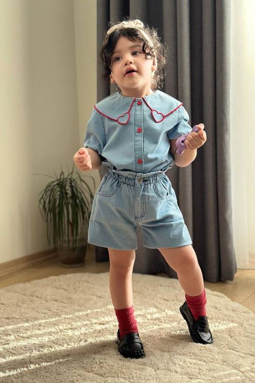 Miniğimin Cicileri Kalp Desenli Kız Çocuk Şortlu 2 li Takım - Açık Mavi