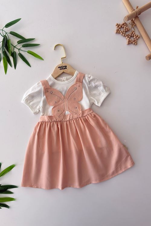 Miniğimin Cicileri Kelebek Aplike İşlemeli Kız Bebe 2 li Elbise - Somon