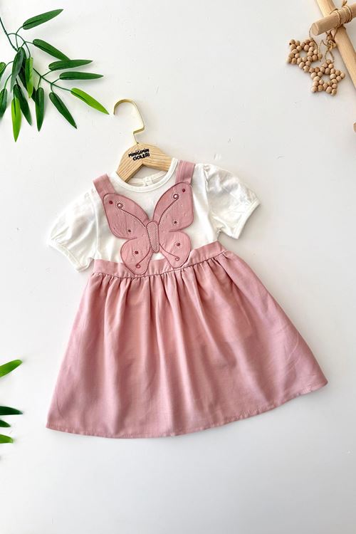Miniğimin Cicileri Kelebek Aplike İşlemeli Kız Bebe 2 li Elbise - Pembe