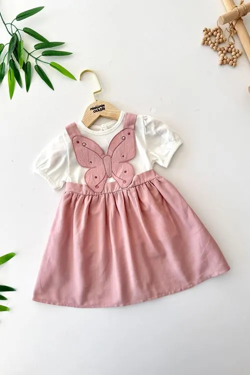 Miniğimin Cicileri Kelebek Aplike İşlemeli Kız Bebe 2 li Elbise - Pembe