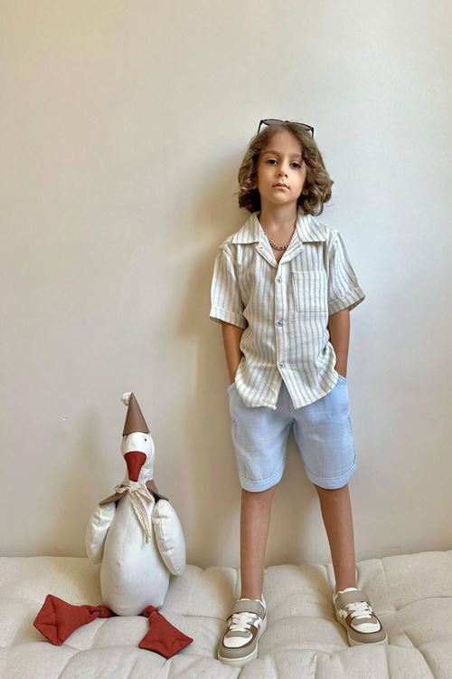 Miniğimin Cicileri Müslin Pamuklu Çizgili Gömlekli Şortlu Erkek Çocuk Takım - Mavi